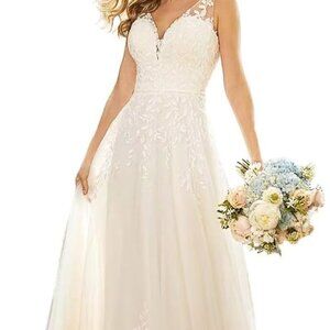 Womens' Beach Wedding Dresses for Bride Vneck Lace Bridal Wedding Gowns for Brid